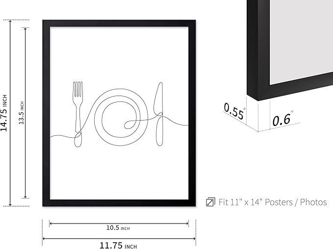 Poster Master Vintage Minimalist Poster - Retro Illustration Print - Fork, Plate, Knife, Line Drawing, Simple - Gift for Artist, Friend - Wall Decor for Kitchen, Restaurant, 11x14 Black Framed
