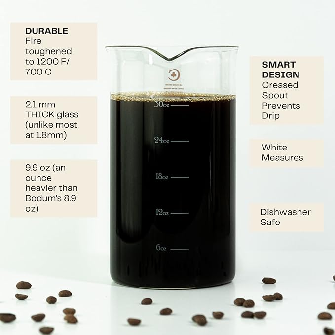 French Press Replacement Glass with Steel Filters by Cafe Crush Club - Fire Hardened Borosilicate Beaker - 34 Ounce | 1 Liter Size with White Measures