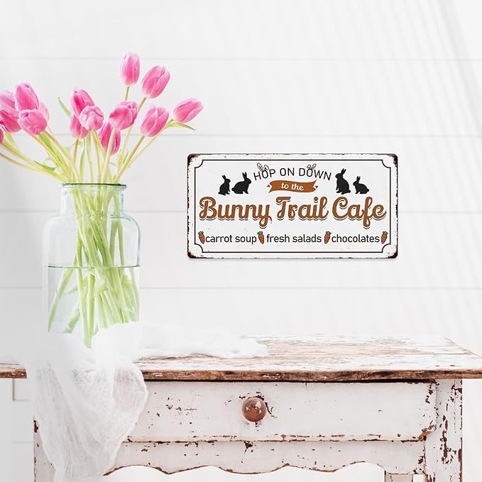 Bunny Trail Cafe Vintage Metal Tin Sign Bunny Rabbit Carrot Print Poster Art Wall Decor Easter Cute Novelty Sign for Home Farmhouse Kitchen Coffee Bar Yard Garden 6x12 Inch - Image 5