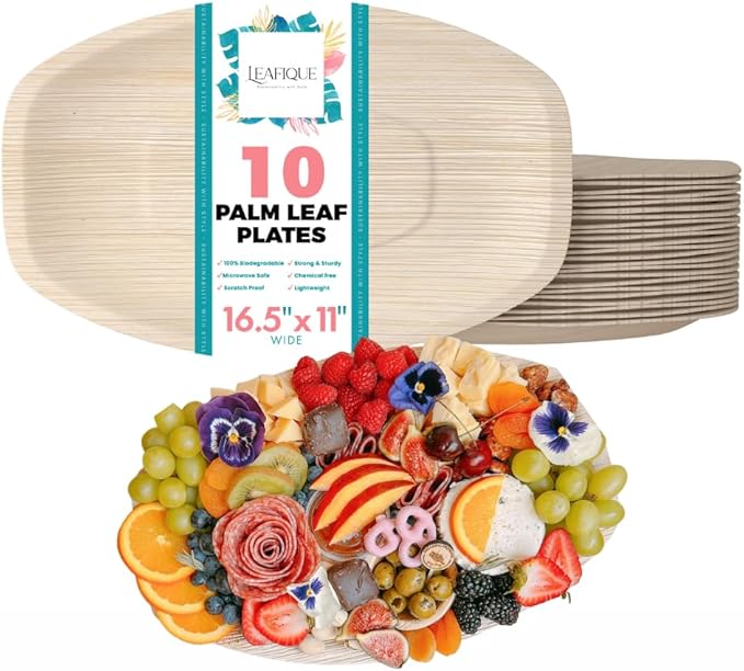 16 x 10 inch Oval Palm Leaf Trays (Pack of 10) - for Charcuterie Boards, Gazing Platters - Eco-Friendly, Strong, Durable & Disposable Plates - Compostable & Biodegradable