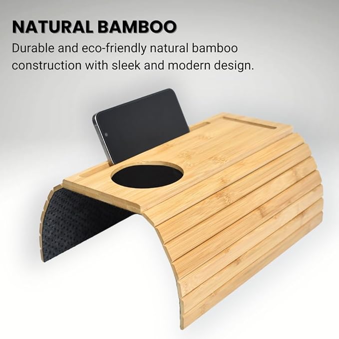 Bamboo Sofa Arm Tray, Couch Armrest Tray - Natural Bamboo Design Couch Armrest Table Caddy for Snacks, Drinks, Remote, Cups | Flexible & Foldable (Natural Bamboo)