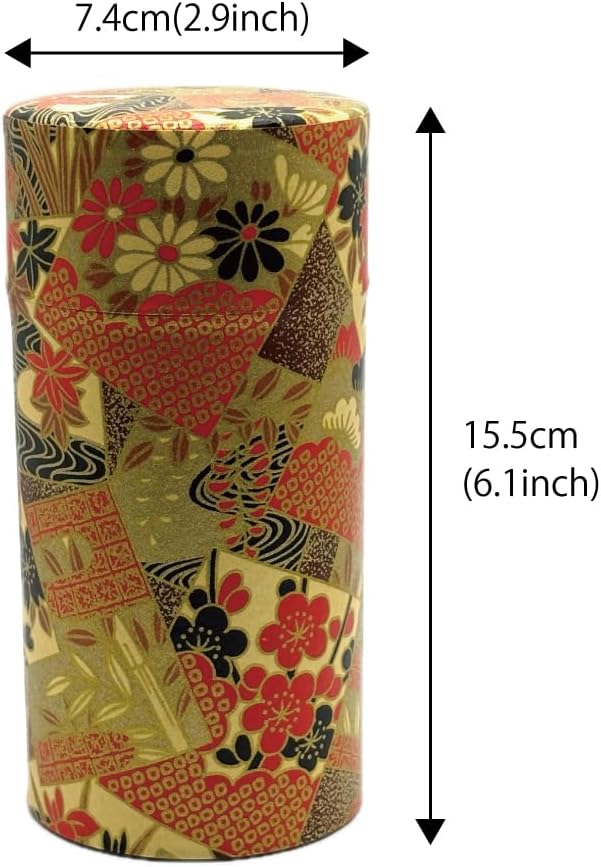 KONJIKI YUGURE Japanese Tea Canister Tin (Golden Twilight) with Double Lid, Japanese Washi Paper Pasted, 200g Tea Capacity, Loose Leaf Tea Storage Container with Lid