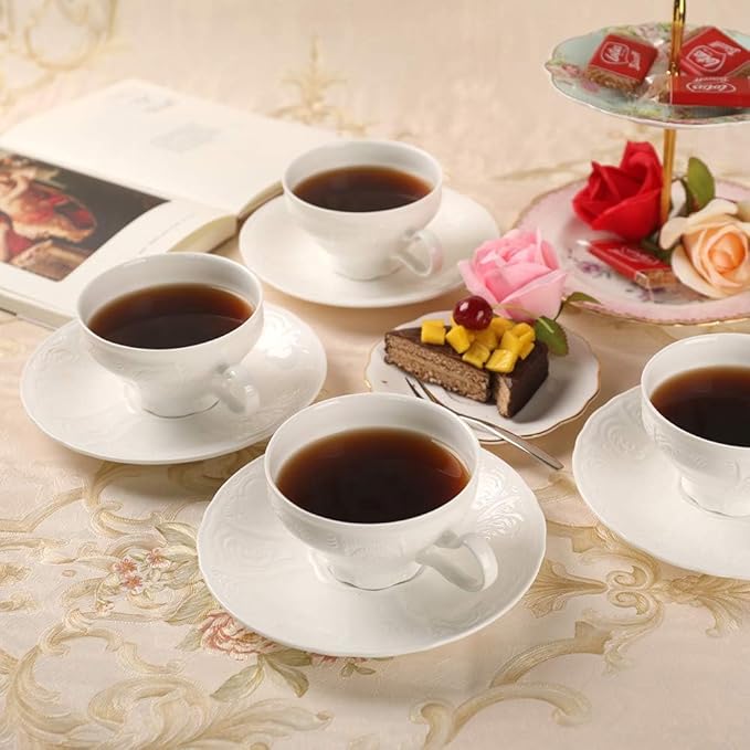 White Fine Porcelain 7 Oz Teacup Saucer Set, Sculpture Surface, Light Weight, Set of Four