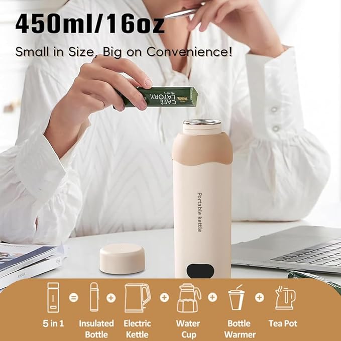 Travel Electric Tea Kettle 316 Stainless Steel, Small Portable Hot Water Kettle with 6 Temperature Control & Automatic Shut Off, 450mL Cute Tea Pot