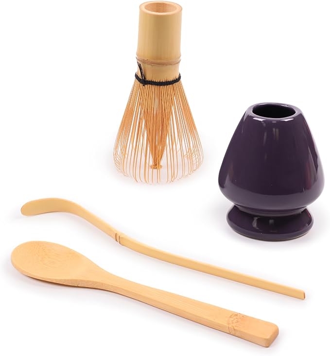 BambooMN Matcha Green Tea Whisk And Scoop 4 Piece Set - Purple Holder - 1 Set