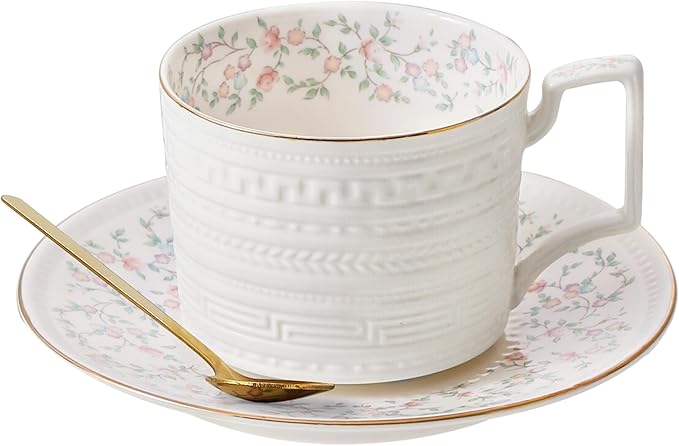 Country Roses Porcelain Tea Cup and Saucer Set with Gold Trim, Vintage Style, For Women and Tea Parties (1, G)