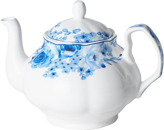27oz Floral Porcelain Teapot with Blue Rose Pattern, Ceramic Small Teapot for Loose Leaf & Tea Bags, Dishwasher Safe, Classic Design for Daily Tea & Gift Giving