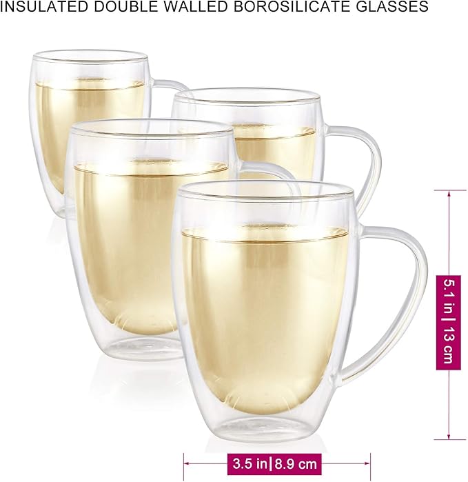 Teabloom Double Walled Mugs - 12 oz / 350 ml – Set of 4 Insulated Glass Mugs for Tea, Coffee, and More – Clear Bliss Collection