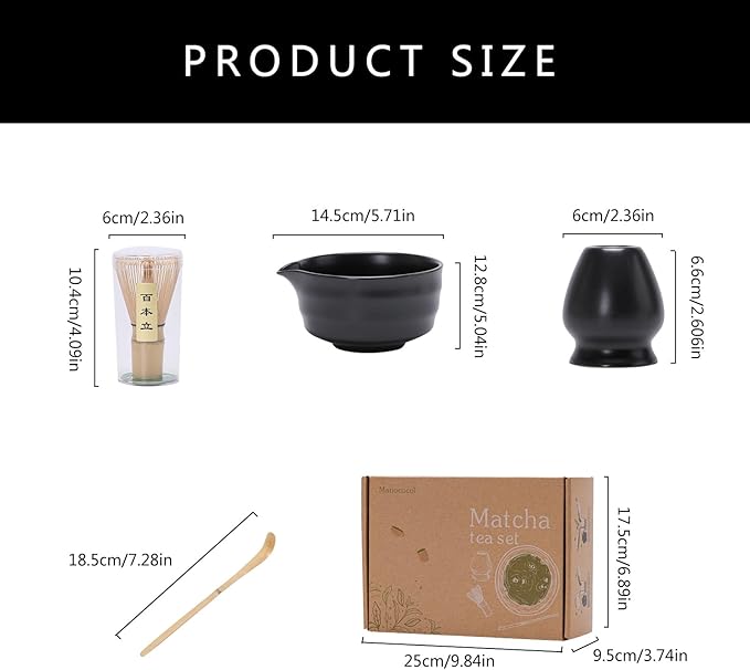 Matcha Tea Set – Traditional Japanese Ceremony Kit with 18.5OZ Ceramic Bowl, Bamboo Whisk, Scoop, and Holder – Ideal for Authentic Matcha Preparation and Gifting (Matte Black)