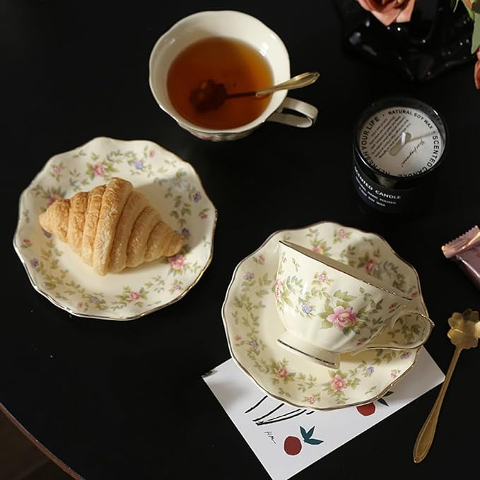 8 oz Vintage flower Ceramic cup and 6" saucer set with Brand customized stainless steel spoon Gifts for Afternoon Tea Coffee Hour (D)