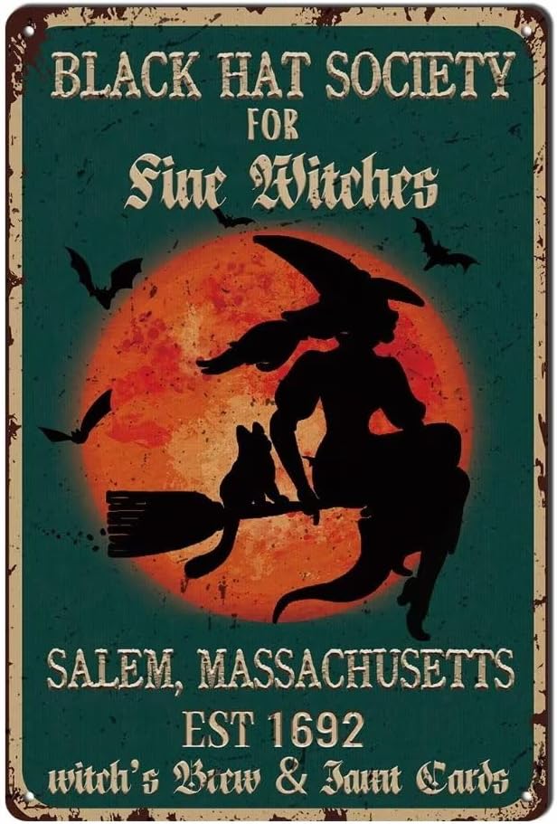 bivrten Black Hat Society for Fine Witches Poster Sign - Vintage Retro Metal Tin Sign Witches Halloween Decor For Bedroom Garden Coffee Bathroom Bar Farmhouse Country Home 8x12Inch by bivrten