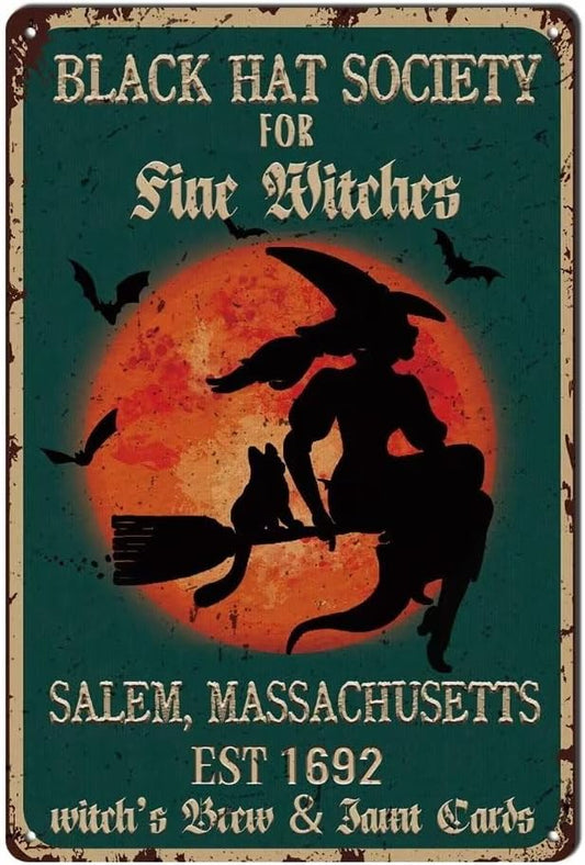 bivrten Black Hat Society for Fine Witches Poster Sign - Vintage Retro Metal Tin Sign Witches Halloween Decor For Bedroom Garden Coffee Bathroom Bar Farmhouse Country Home 8x12Inch by bivrten