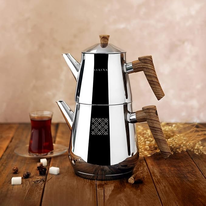 Serenk Definition Stainless Steel Teapot Set, 1L Teapot & 2L Lower Pot, Double-Stacked Design, Induction Compatible, Mirror Polished Finish, Tea Kettle for Home