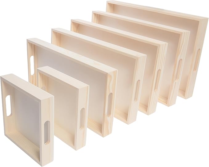 Wooden Nested Serving Trays, Unfinished Rectangle Trays with Cut-Out Handles for Crafts, Ottomans, Serving and Home Décor – Set of 7