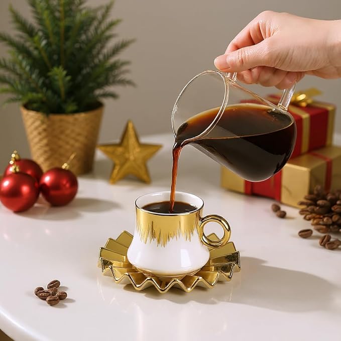 Coffee Cup Set of 6 with Saucers, 3.5 OZ Ceramic Espresso Cups, Deco Gold Trim Coffee Cup Gift for Cappuccino, Latte, Cafe Mocha and Tea, Dishwasher & Microwave Safe (White and Gold)