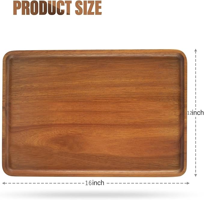 16" x12" Large Solid Acacia Wood Serving Tray Rectangular Wooden Serving Platter Natural Wooden Board for Bar Coffee Party