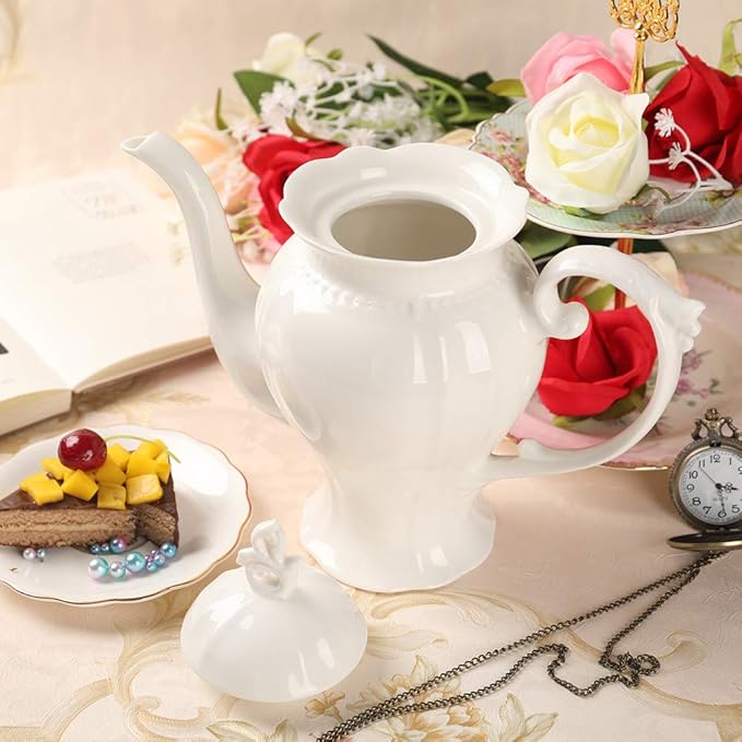 Fine Porcelain Ultra White English Teapot, Coffee Pot, Victoria Style, Light Weight, 37 Oz