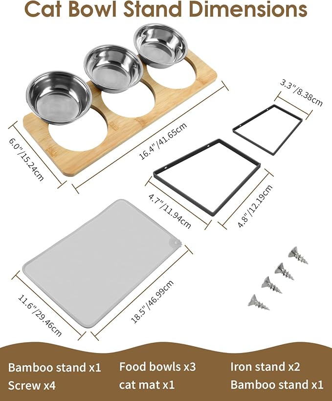 Elevated Cat Bowls, 15°Tilted Raised Cat Food Bowls with Mat, Cat Food and Water 3 Stainless Steel Bowl Set for Indoor, Anti-Vomiting, Whisker Fatigue.