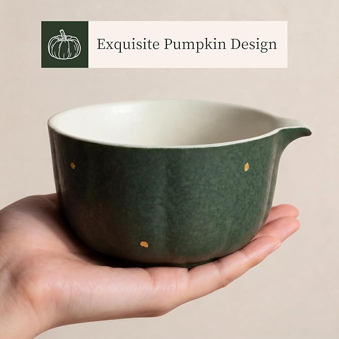 Matcha Whisk Set, Matcha Tea Set with Pumpkin Design, Includes Matcha Bowl & Holder, Bamboo Whisk (Chasen), Scoop and Sifter, 5PCS Matcha Kit Covers Everything Needed for Matcha Lovers, Green