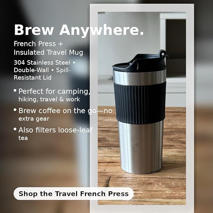 Portable coffee maker, french press, Insulated Mug with double Wall Stainless Steel, 16oz,. Tumbler, French press Mug, Portable coffee mug, Coffee maker, Coffee press
