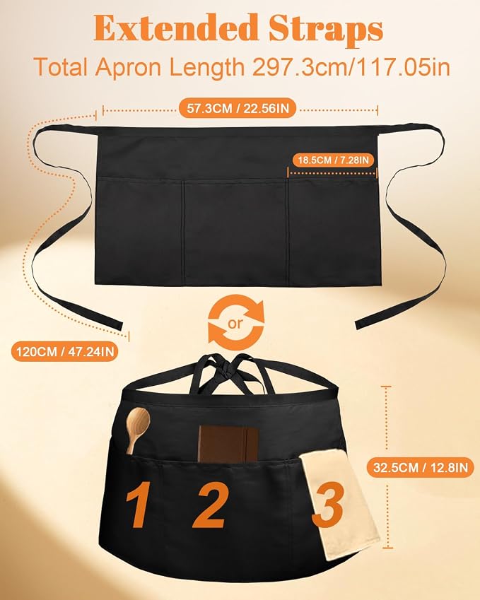 Slohif Reversible Server Apron 6 Pockets - Waist Apron for Waitress Women Half Serving Short Apron for Waiter - Image 2