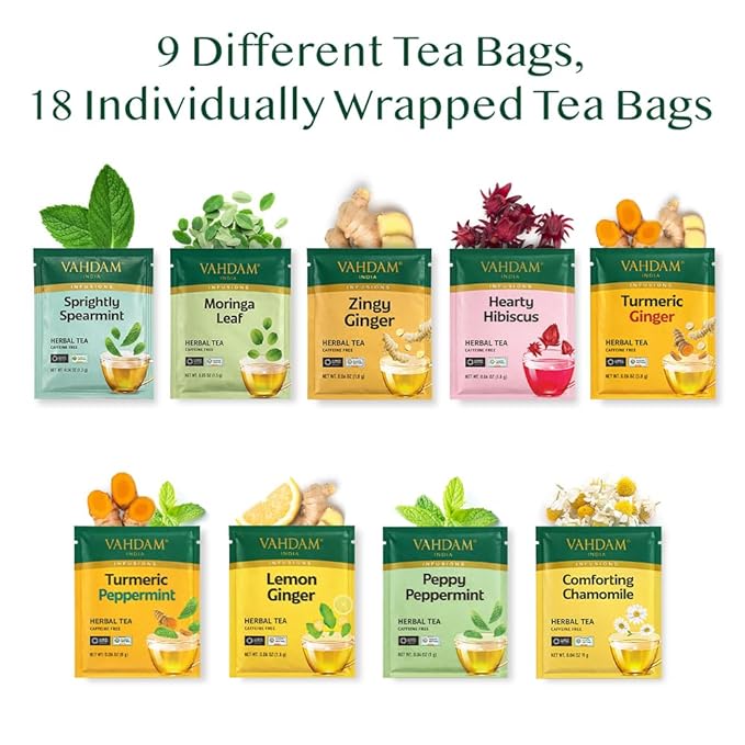 VAHDAM, Assorted Herbal Tea Sampler (18 Tea Bags, 9 Flavors) Caffeine-Free, Non-GMO | Double Infusion, Individually Enveloped Tea Bags | Herbal Tea Assortment