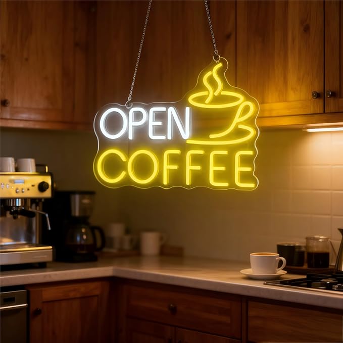 Open Coffee LED Neon Sign for Shops, Home Coffee Bar Essential, Espresso Stations, Front Window, Nook Decors,10-Level Brightness Adjustable, Neon Light Sign 17Inch,Warm White and Yellow for Mother's Day Décor Gifts