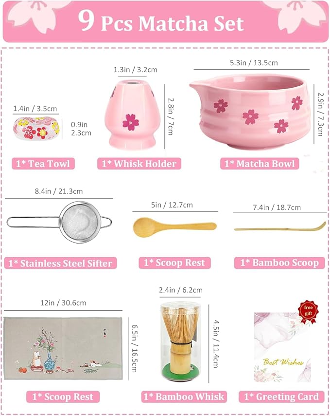 8Pcs Cute Ceramic Matcha Set with Whisk Bowl, Matcha Tea Kit Holder, Bamboo Scoop, Sifter, Towel Included, Valentine's Mother's Day Gift for Matcha Lover Women (Pink Sakura)