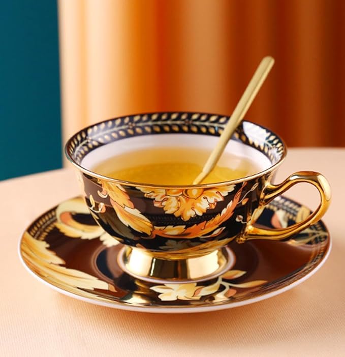 Cup& Saucer Set Bone China Tea Coffee Cup for Breakfast Afternoon Tea- Phoenix Feather (Black)