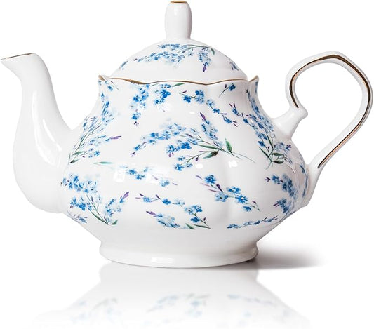 33.8 oz Porcelain Tea Pot Luxury Gold Trim Floral Ceramic Teapot Waterpot Tea Maker for Blooming Loose Leaf Tea Coffee Milk Chrismas Women Gift Housewarming Home Kitchen Décor (Blue Blossom)