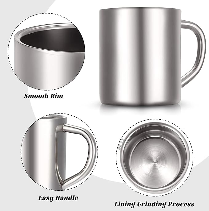 Cunhill 4 Set Small Stainless Steel Coffee Mug 13.5oz/400ml Metal Double Walled Cups Camping Mug with Handle Dishwasher Safe Tea Cups for Camping Travel Outdoors Rv Keep Drinks Hot