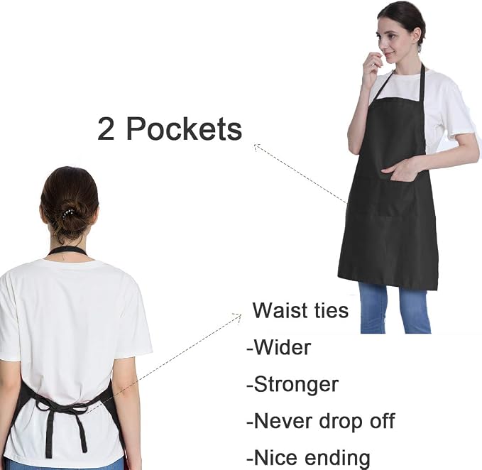 Total 6PCS Black Apron for Wowen Adult Unisex with 2 Pockets-Chef Cooking Baking Kitchen Restaurant Crafting Painting Party Aprons - Image 3