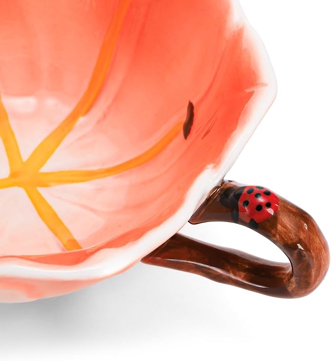Flower Tea Cup and Saucer, 6 Oz Ceramic Coffee Mug with Spoon, 3D Handmade Vintage Drinking Cups, 3 Pieces Orange Teaware Mug for Women, Mother's Day Birthday Gift Party (Floral and Leaf)