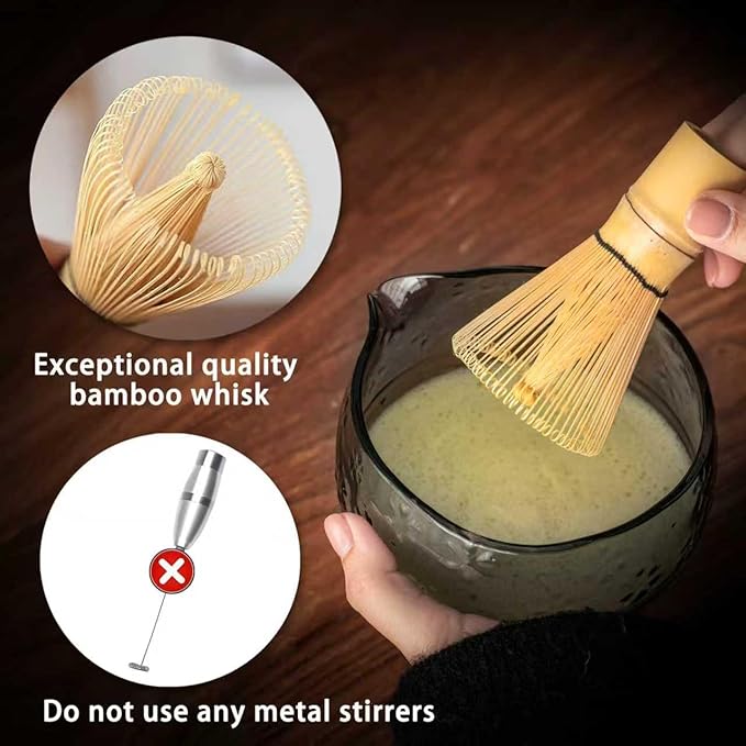 Matcha Whisk Set, Glass Matcha Kit Set Includes Matcha Bowl, Matcha Whisk and Holder, Bamboo Scoop, Scoop Rest, Sifter and Tea Towel - 7 Pcs Matcha Kit for Matcha Lovers (Black Gray)