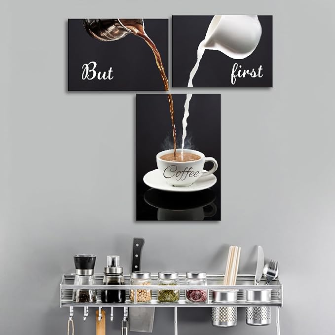 Pinetree Art Coffee Bar Wall Decor for Kitchen - But First Coffee Sign - Kitchen Canvas Wall Art for Modern Home Dining Room Decorative (latte-set, Set of 3) - Image 2