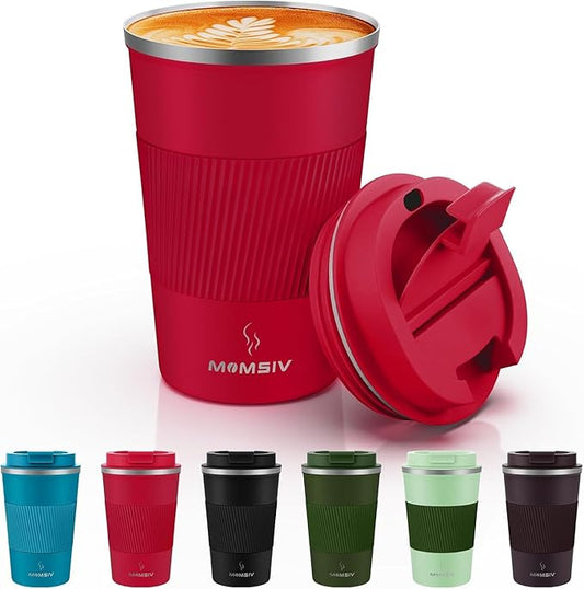 MOMSIV 12oz Travel Mug, Insulated Coffee Cup with Leakproof Lid, Vacuum Stainless Steel Double Walled Reusable Tumbler for Hot and Cold Water Coffee and Tea
