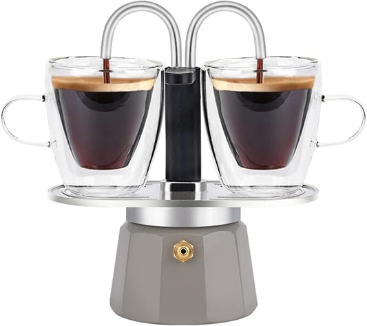 MVPLUE-Mini Express Double Tube Moka Pot Aluminum Gray,Share fresh delicious coffee with a friend
