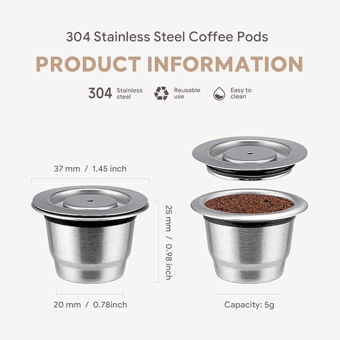 Stainless Steel Refillable Coffee Espr*sso Capsules, Reusable Coffee Pods Compatible with Nespresso Original Line Brewers 4Y Crema New Generation (3 Capsules + 1 Tamper)