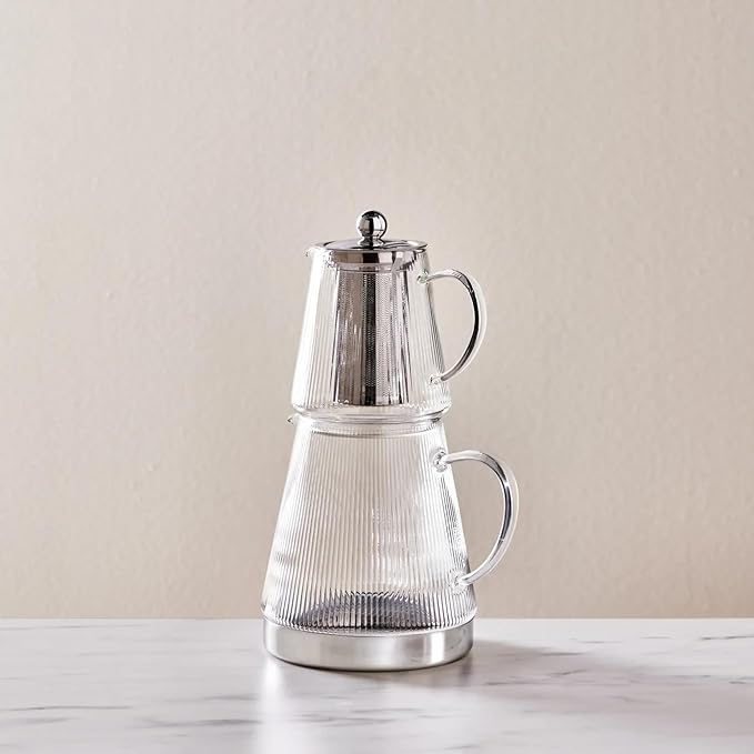 Karaca Keops Turkish Small Teapot with Infuser and Lid (450 ml Tea Pot & 1500 ml Induction Kettle) - Borosilicate Glass Small Teapot Set for Stovetops - Clear Tea Maker with 10-15 Cups Capacity