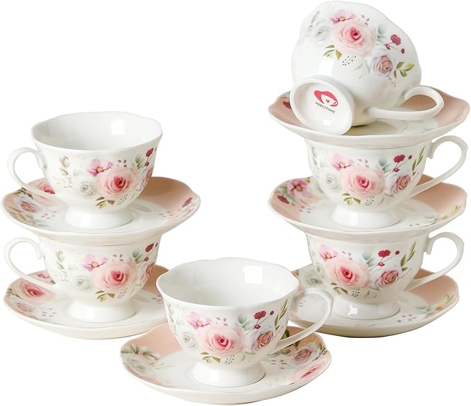 Floral Porcelain Tea Cup Set of 6 (12-Piece), 6 Cups & 6 Saucers with Rose Pattern, 6oz Scalloped Edge Coffee Cups, Dishwasher & Microwave Safe, Elegant Gift