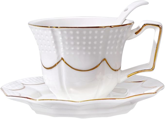Tea Cup and Saucer Set for 1, Coffee Cup with Saucer and Spoon, Espresso Latte Cup for Women Gift, Dishwasher Safe, 6.8 Oz