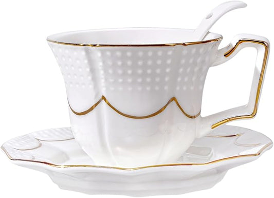 Tea Cup and Saucer Set for 1, Coffee Cup with Saucer and Spoon, Espresso Latte Cup for Women Gift, Dishwasher Safe, 6.8 Oz