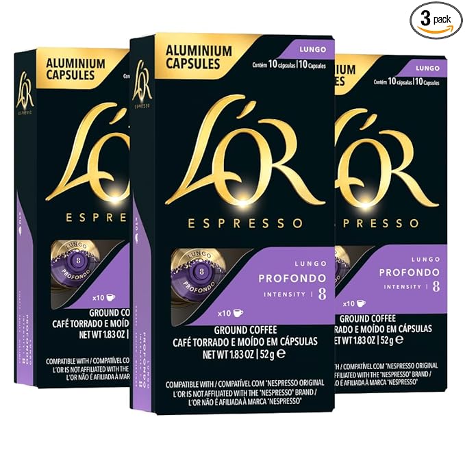L'OR Espresso Capsules, 30 Count Profondo Lungo, Single-Serve Aluminum Coffee Capsules Compatible with the L'OR BARISTA System & *Nespresso Original Machines, 30 Count (Pack of 3)