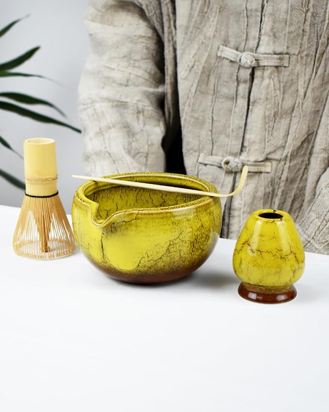 Artcome Matcha Tea Set – 20.2oz Premium Matcha Bowl with Spout, Whisk, Scoop, Whisk Holder & Brewing Guide – Authentic Japanese Tea Ceremony Tools for Perfect Matcha Preparation, Yellow