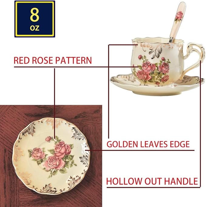 YOLIFE 8 OZ Pink Rose Tea Cups and Saucers Set of 6, Ivory Vintage Floral Porcelain Teacups Set, Coffee Cups with Golden Rack