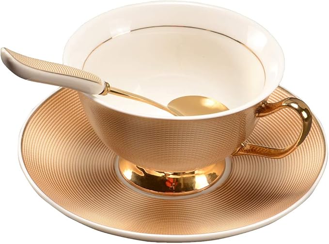 Bone China Golden Stripe Tea Cup with Saucer Spoon Set (7oz) - Cappuccino, Coffee, Tea Cup Set - British, Porcelain - Latte - Mother's Day Gift