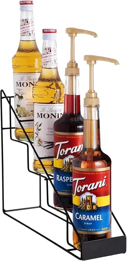 Coffee Syrup Rack for 4 Bottles (750ml), Tiered Coffee Syrup Organizer & Holder, Heavy-Duty Metal Syrup Rack, (4 bottles of black)
