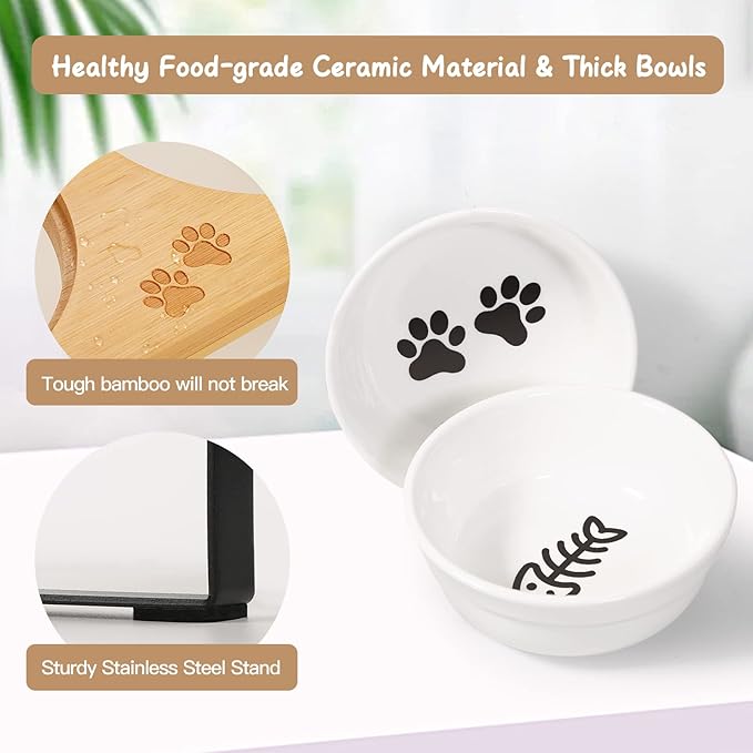 Ceramic Elevated Cat Bowls with 10° Tilted, Anti Vomiting & Whisker Friendly Food and Water Bowls with Bamboo Stand(Anti-Slip Feet), Raised Cat Food Bowls for Indoor Cats & Puppies, Dishwasher Safe