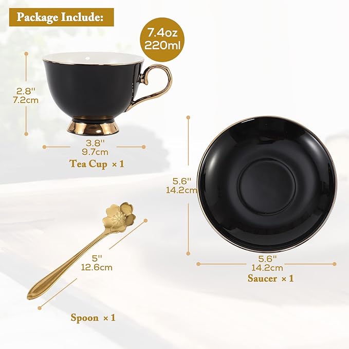 DUJUST Porcelain Tea Cup and Saucer Set with Spoon - Luxury Black British Style Modern Tea Set with Golden Trim, for Room Decoration & Tea Party - Black