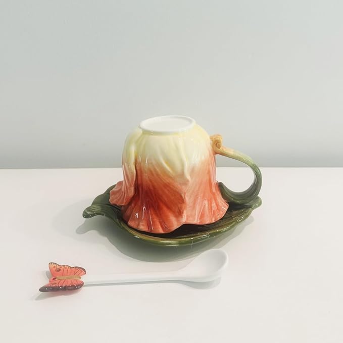 Ceramic Tea Cup and Saucer Set ，6OZ 3D Hand-Painted Flower Coffee Mug，Gift for Women -Orange Tulip